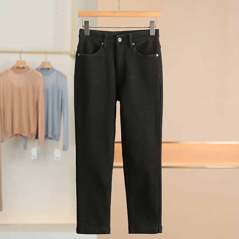 

High Waist Slim Fit Pure Color Fleece Lined Denim Jeans Simple Style Casual Straight Leg Cotton Stretch Fabric Zipper Closure