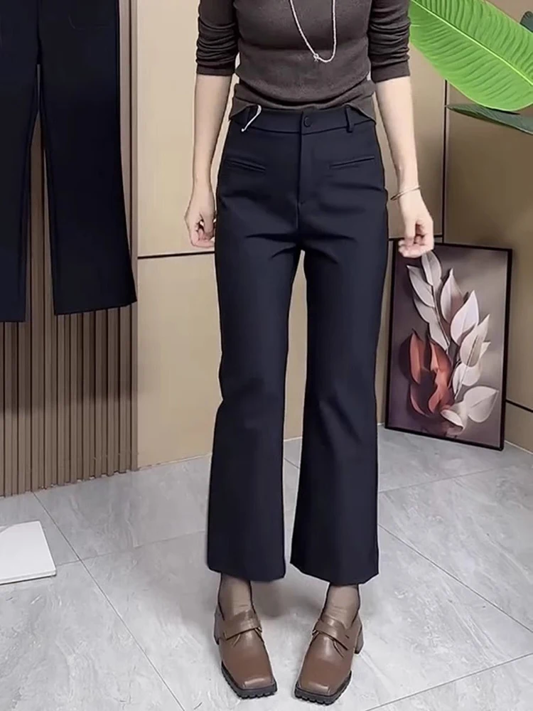 

Утягивающие расклешенные девять укороченных брюк с высокой талией и эластичной резинкой, повседневные женские осенне-зимние черные брюки 2025 года, новый стиль