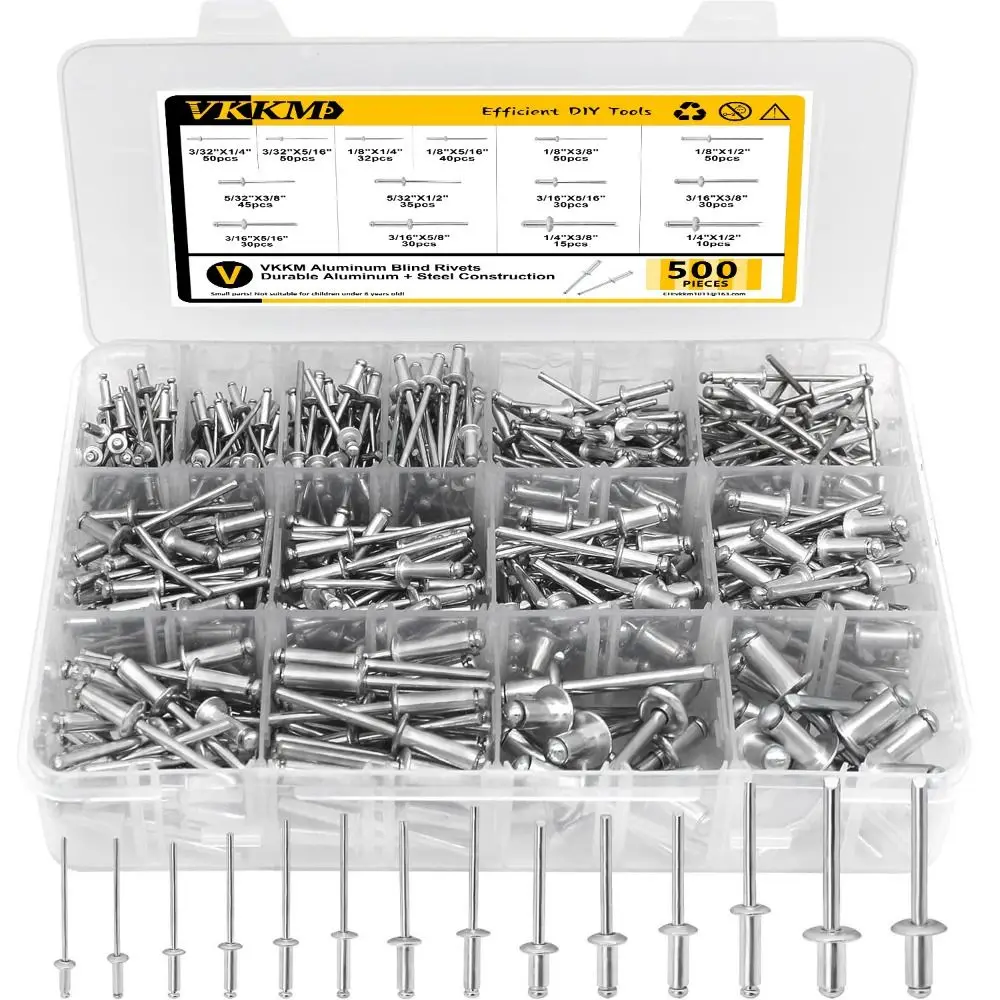 

500Pcs/Set 304 Stainless Steel Mushroom Head Rivets Kit 14 Sizes Black Pop Rivets Durable Round Head Open-Type Rivets