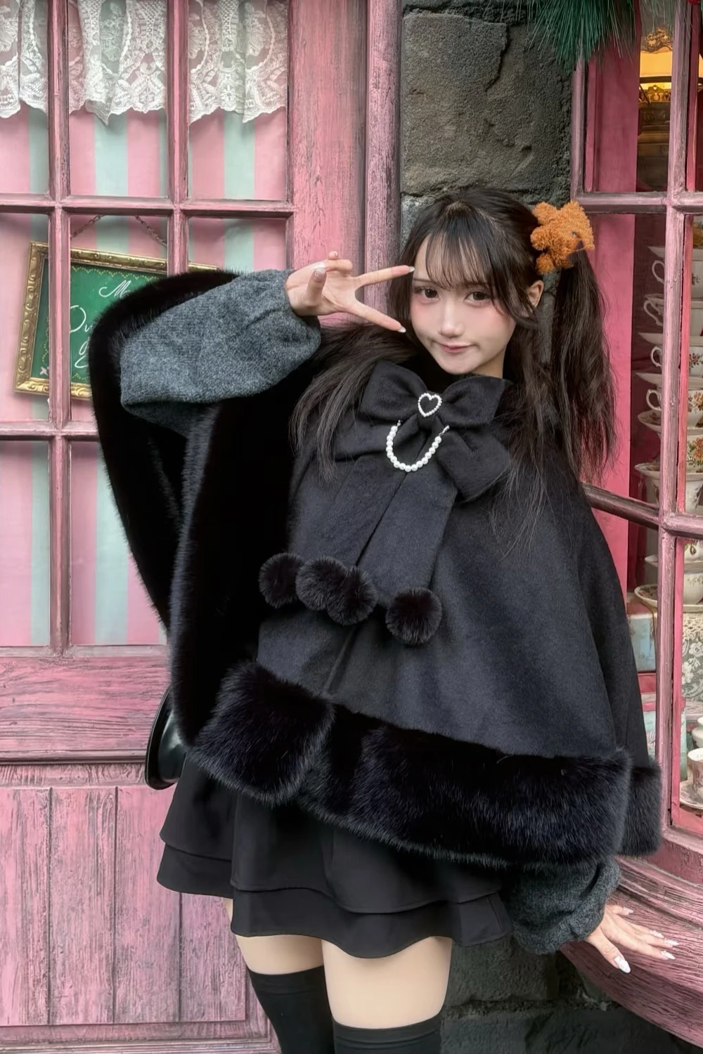 2000s Japan Lolita Sweet Kawaii Hooded Cloak Jackets Women Y2k Aesthetic Furry Patchwork Coat Harajuku Sweet Bow Loose Jacket