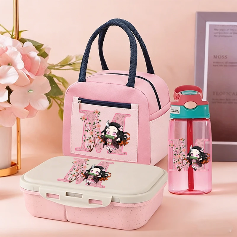 Set de 3 Piezas de Demon Slayer: Lonchera Bento + Bolsa de Almuerzo + Botella de Agua, Diseño de Kamado Nezuko, Artículos Escolares para Estudiantes, Contenedor de Alimentos y Bebidas