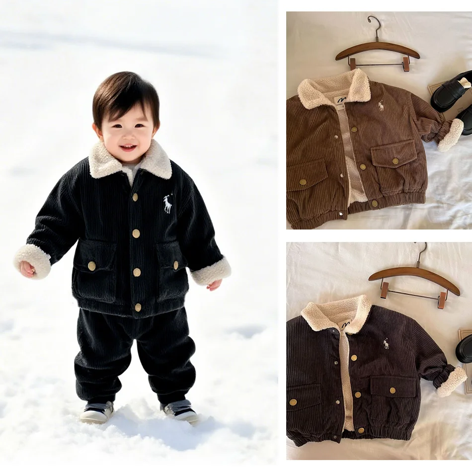 

Вельветовое пальто для малышей, куртка с хлопковой подкладкой и вышивкой оленя и отложным воротником, теплая зимняя верхняя одежда для малышей