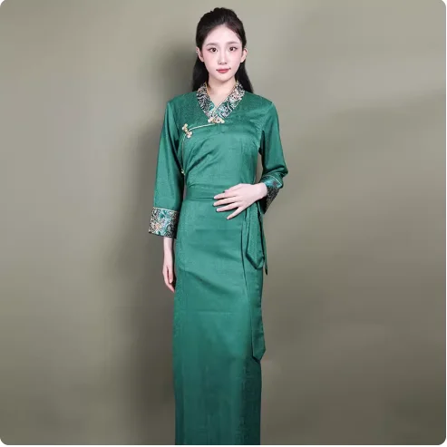 Women Bola Tibetan Style Long Robe, Luxury Brocade Ethnic Dress, Traditional Guozhuang Dance Long Skirt