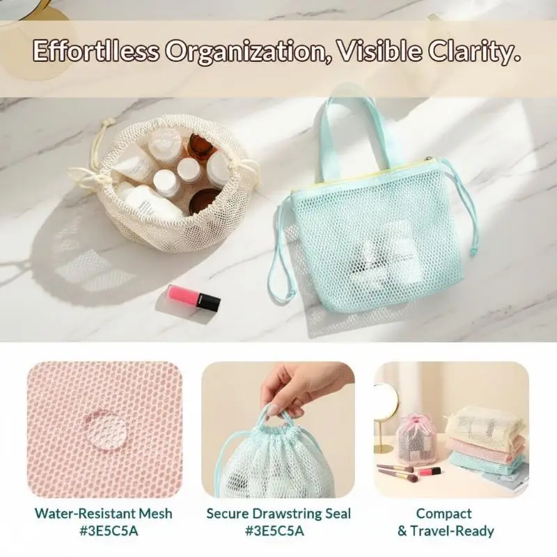 Large Capacity Mesh Cosmetic Bag Breathable Mesh Transparent Travel Makeup Organizer Smooth Zipper Multipurpose