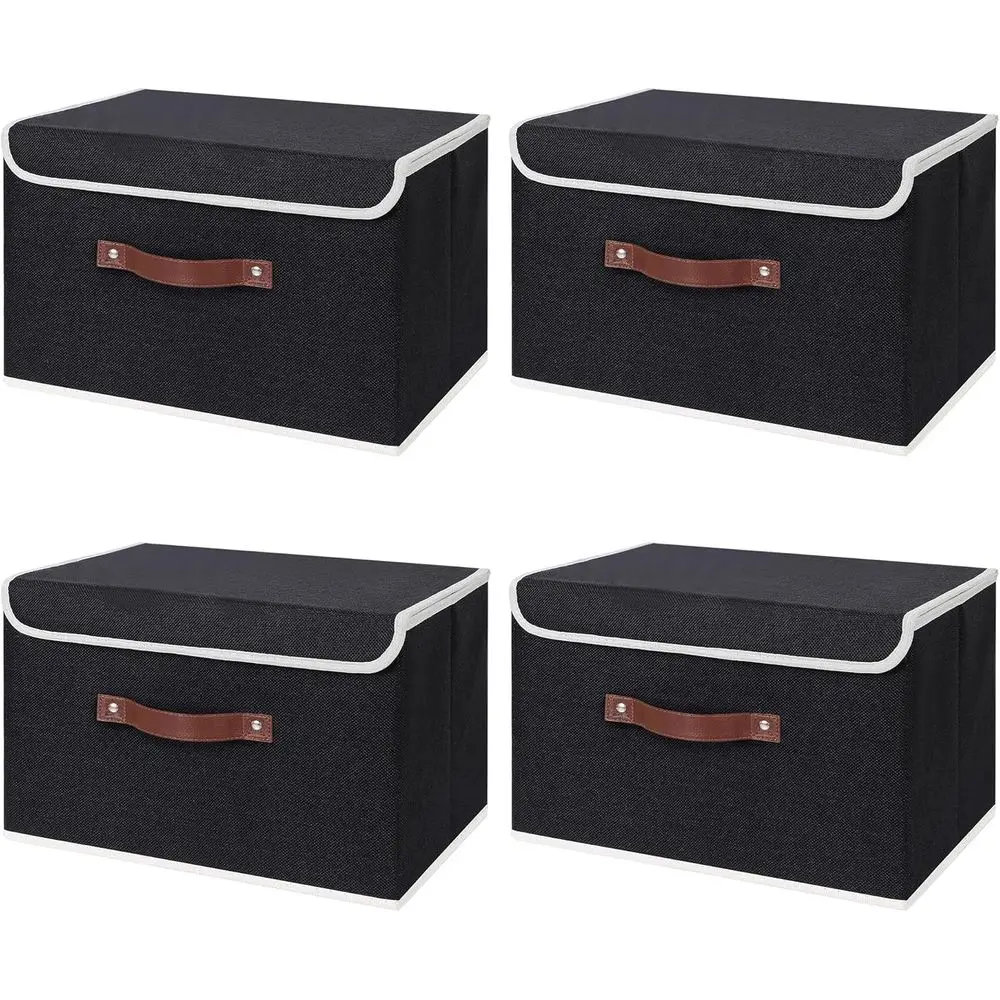 

Набор из 4 складных коробок для хранения с крышками, ручками из искусственной кожи и декоративной отделкой из хлопково-льняной ткани, основа из полипропилена, для дома