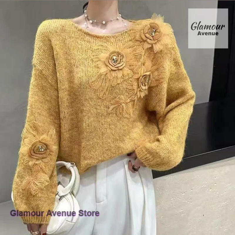French retro high sense flower fashion sweater female autumn and winter loose sweet giant good-looking knitted casual sweater