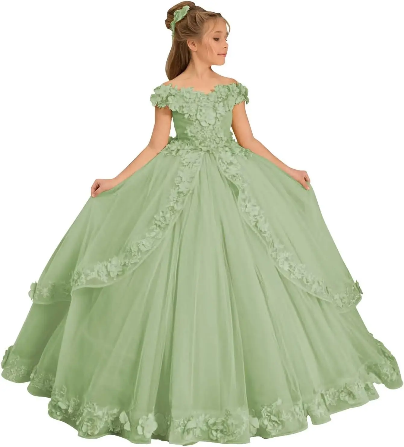 Flower Girl Wedding Dress Off Shoulder Heart-shaped Collar,Communion Princess Birthday Ball Party DinnerParty,Floor Length Dress