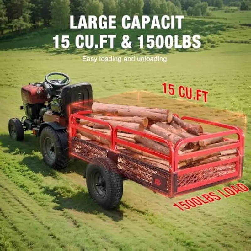 Heavy-Duty Steel Dump Trailer for ATV UTV Tractor Lawn Mower – 1500 Lb Load Capacity 15 Cu Ft Volume All-Terrain Pneumatic Tires