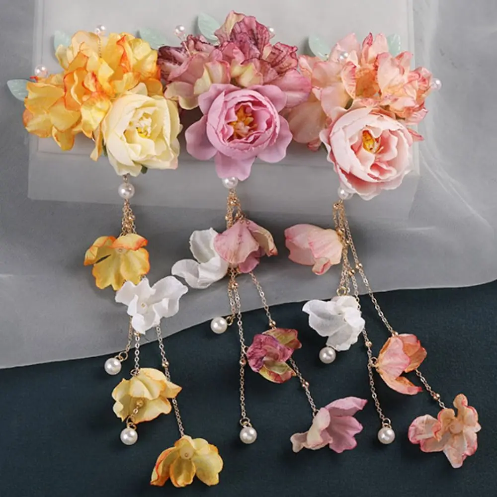 Artificial Flower Floral Hairpin Forks Tassel Vinatge Hanfu Hair Accessories Chinese Style Multicolor Tassel Headwear Women
