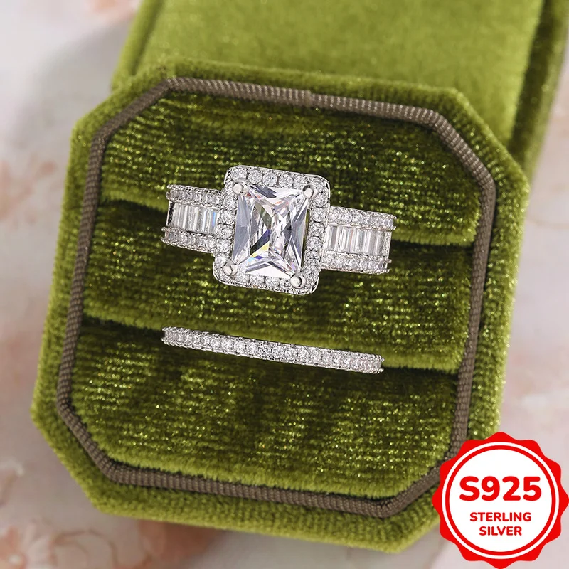 

Classic and Versatile Authentic S925 Silver Square Zircon Double Layer Ladies Wedding Ring Exquisite and Elegant