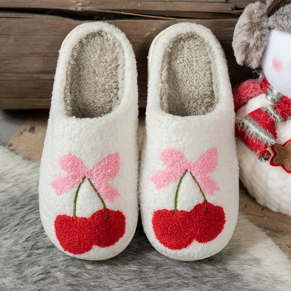

Warm Fashion Winter Girl's Slippers Fruit Cherry Pattern Bedroom Comfy Indoor Cute Bow Casual Soft Sole Women's Fuzzy Home Shoes