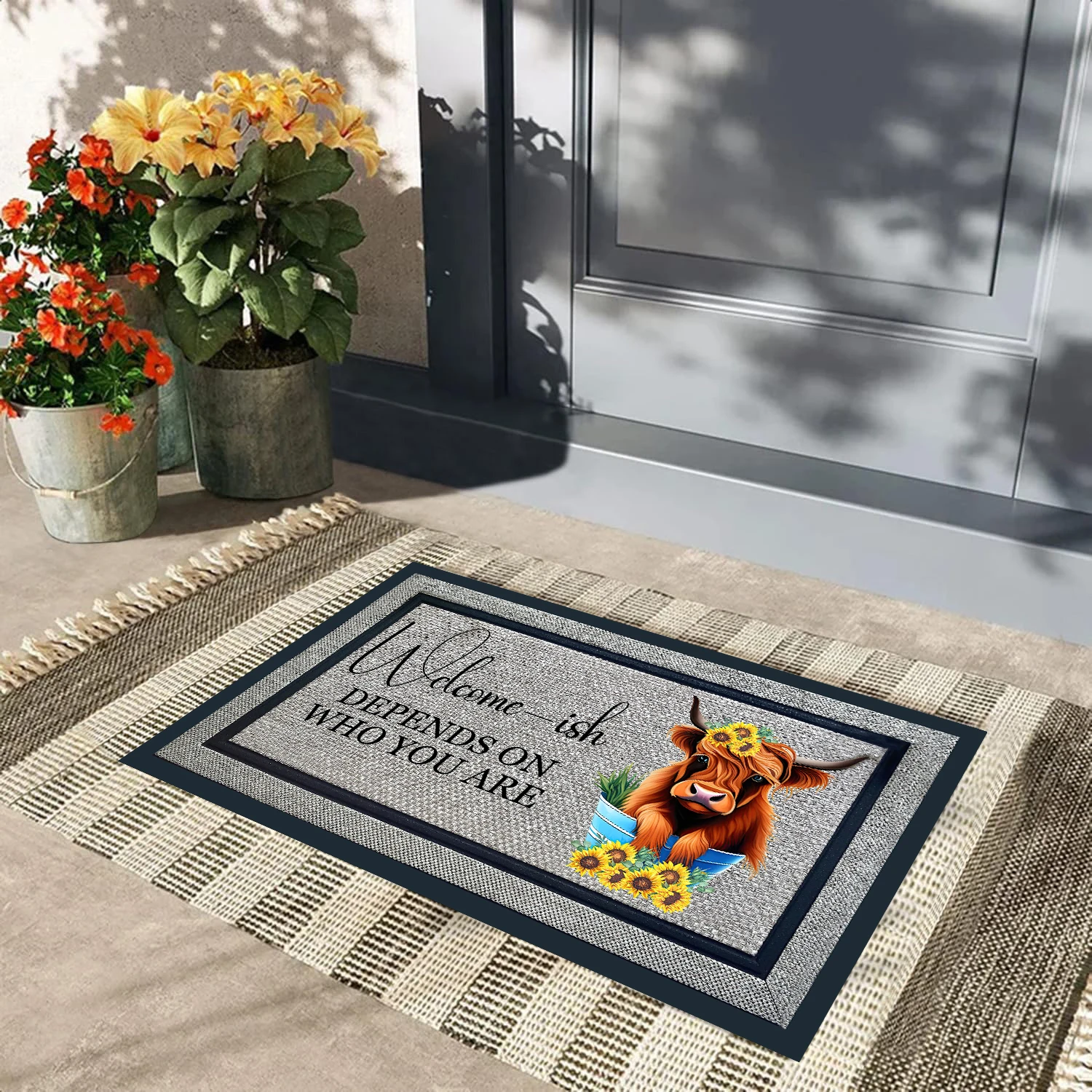 

Funny Highland Cow Doormat "Welcome Ish Depends On Who You Are" Rubber Welcome Rug Entrance Floor Mat ,Sunflowers Door Mat