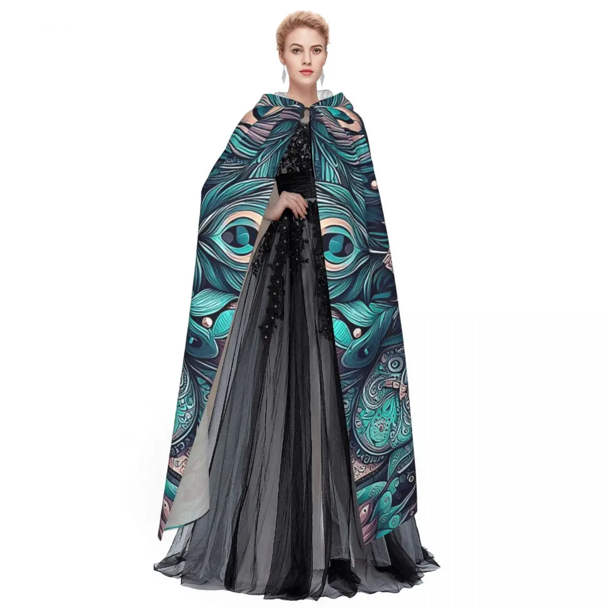 Płaszcz z długą kapturem z piór pawich, kostium czarownicy, średniowieczny strój, peleryna cosplay, Halloween, wampir, dla dorosłych, unisex