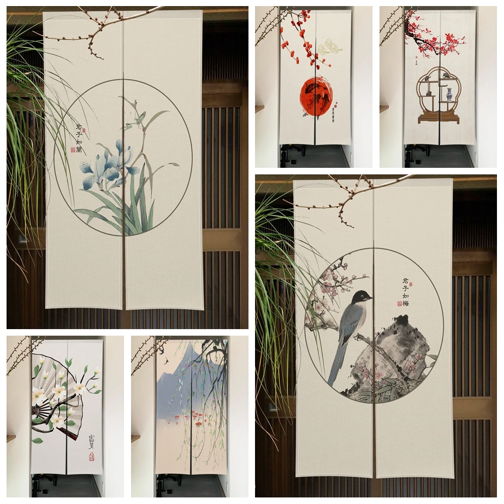 Rideau de porte Noren japonais avec motif de peinture à l'encre traditionnelle, séparateur de pièce de style Zen pour salon, maison de thé, décoration d'entrée
