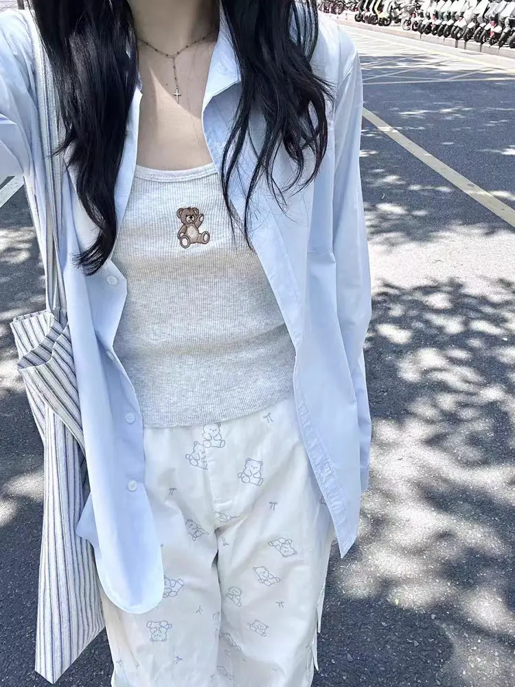 

Loose Long Sve Women's irt Single Button Pure Color Spring Blue Korean Sle Outerwear Casual Faion Commute Sle