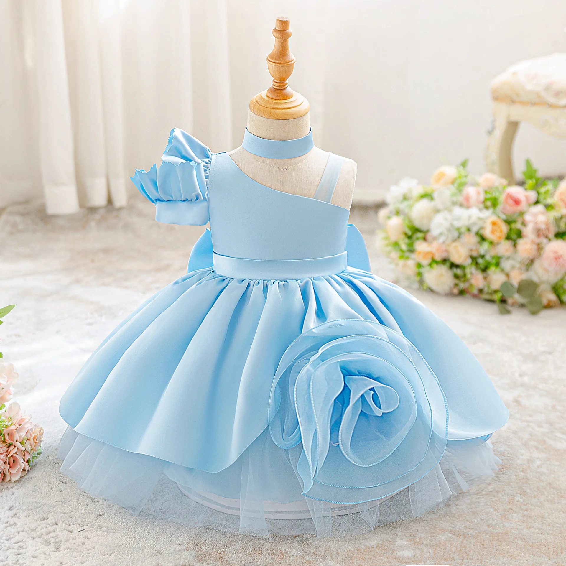 

2025 Toddler Girl's Formal Dress - Appliqué Pleated Satin Dress, Flower Girl Dress for Weddings&Birthday Party