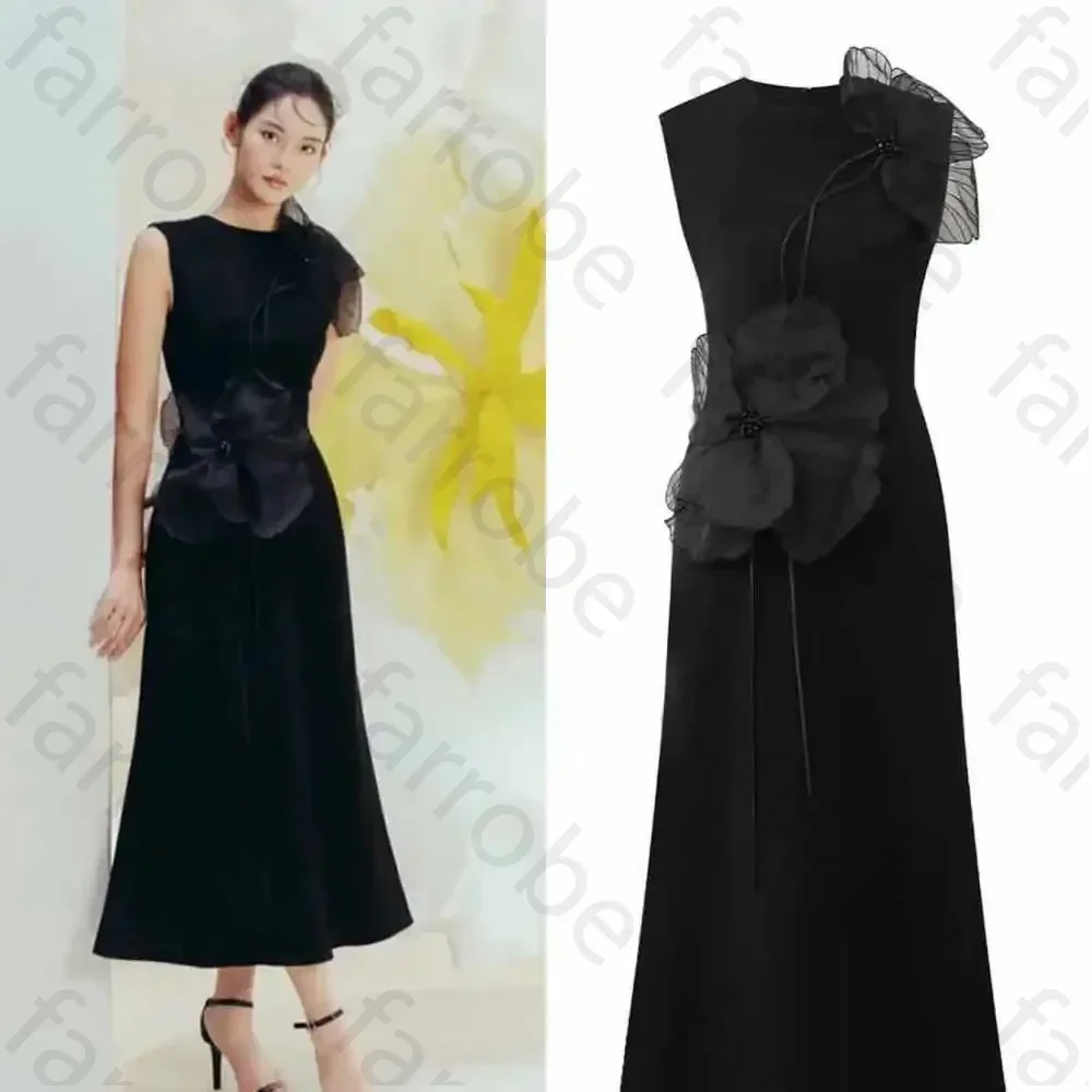 Customized Black Exquisite Evening Dress Flower Beading Ruched A-line Sleeveless Bespoke Occasion Gown Midi Dresses Party