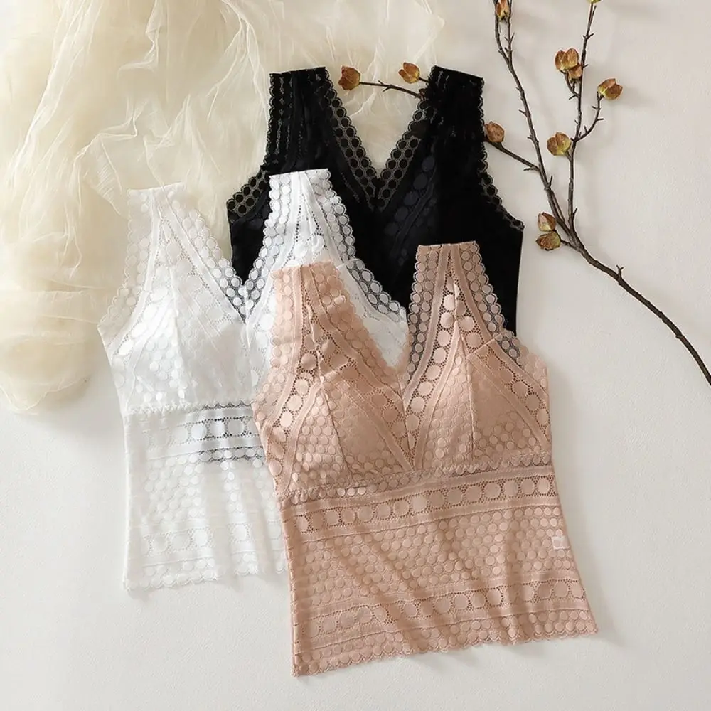 

Fashion Mesh Transparent Lace Camisole with Pads Sleeveless Sweet Lace Crop Tops Deep V Undershirt Suspender Vest Women