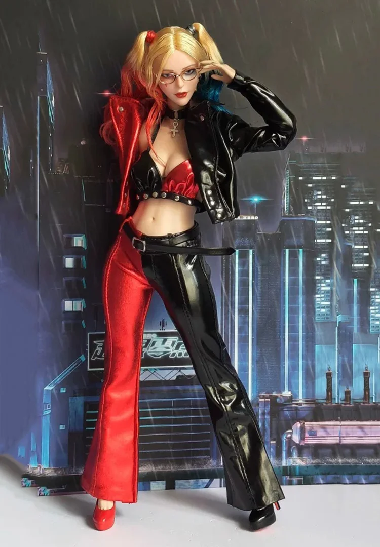 1/6 Scale Joker Girl Leather Clothes Set Clown Color Blocking Jacket Bra Pants Sets for 12in Action Figure Body Model Toys - view 2