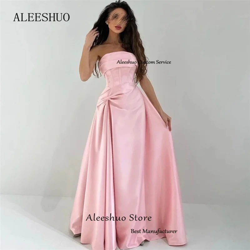 Aleeshuo sexy rosa cetim a linha sem mangas vestido de baile 2025 plissado sem costas vestido de festa sem alças arábia saudita vestidos personalizados