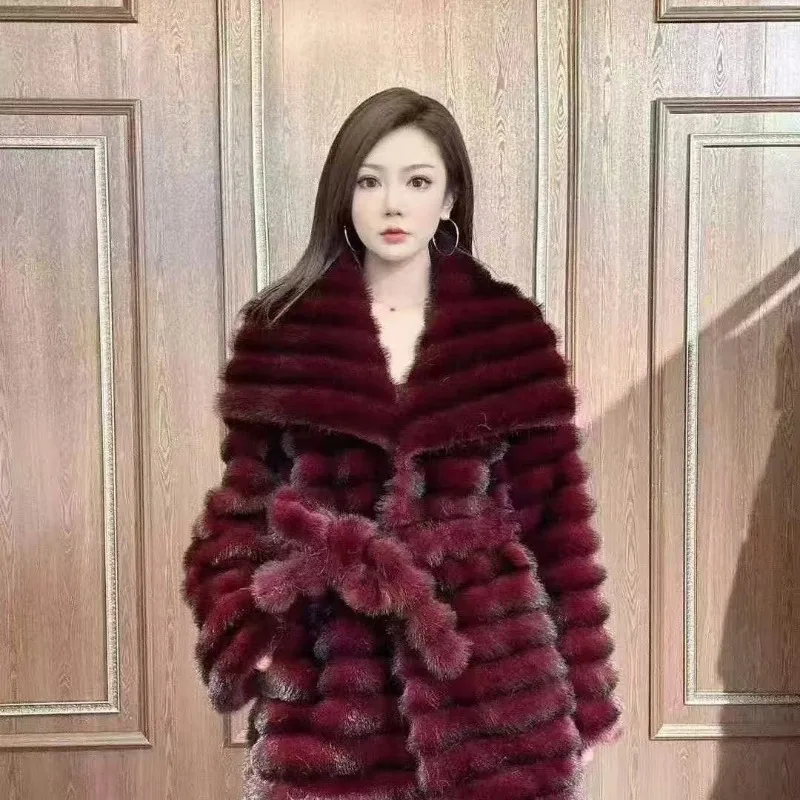 

Осень и зима 2026, темпераментная полосатая пушистая куртка с большим воротником с лацканами, короткая женская экологически чистая шуба