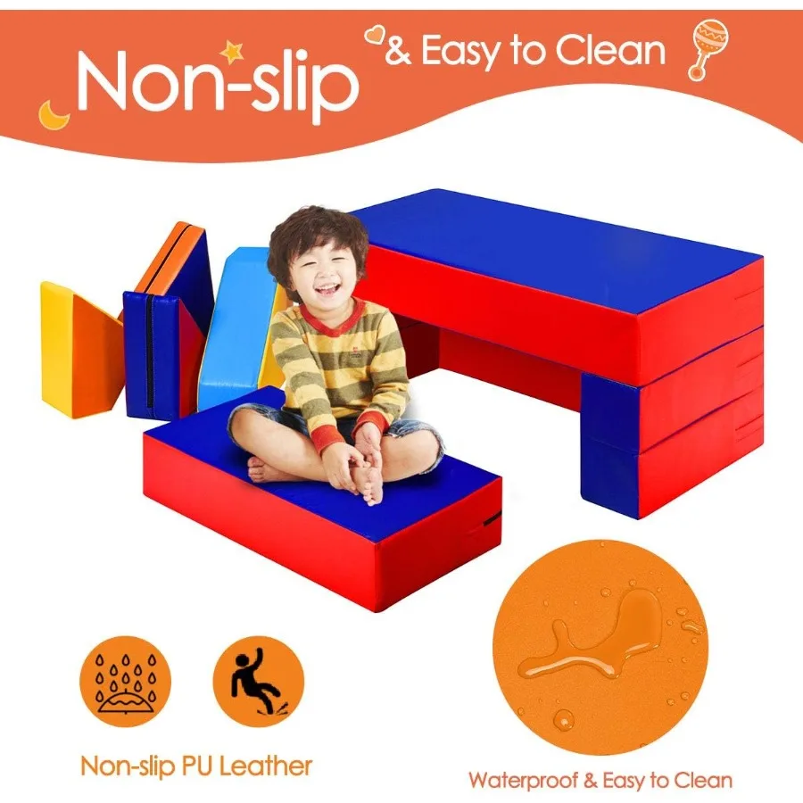 Conjunto de espuma conversível para escalada e engatinhar, 4 em 1, formas exclusivas, para escalada, engatinhamento, deslizante, 8 peças, colorido, pu, atividade, jogar, zon macio