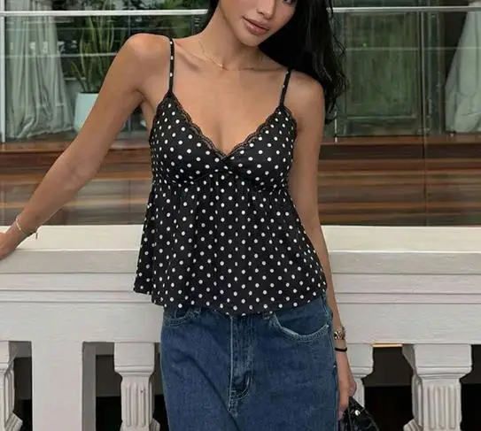 Women's Fashion Sexy Lace Polka Dot Printed Tank Top with Strap Top 2026 Summer New Women's Clothing
