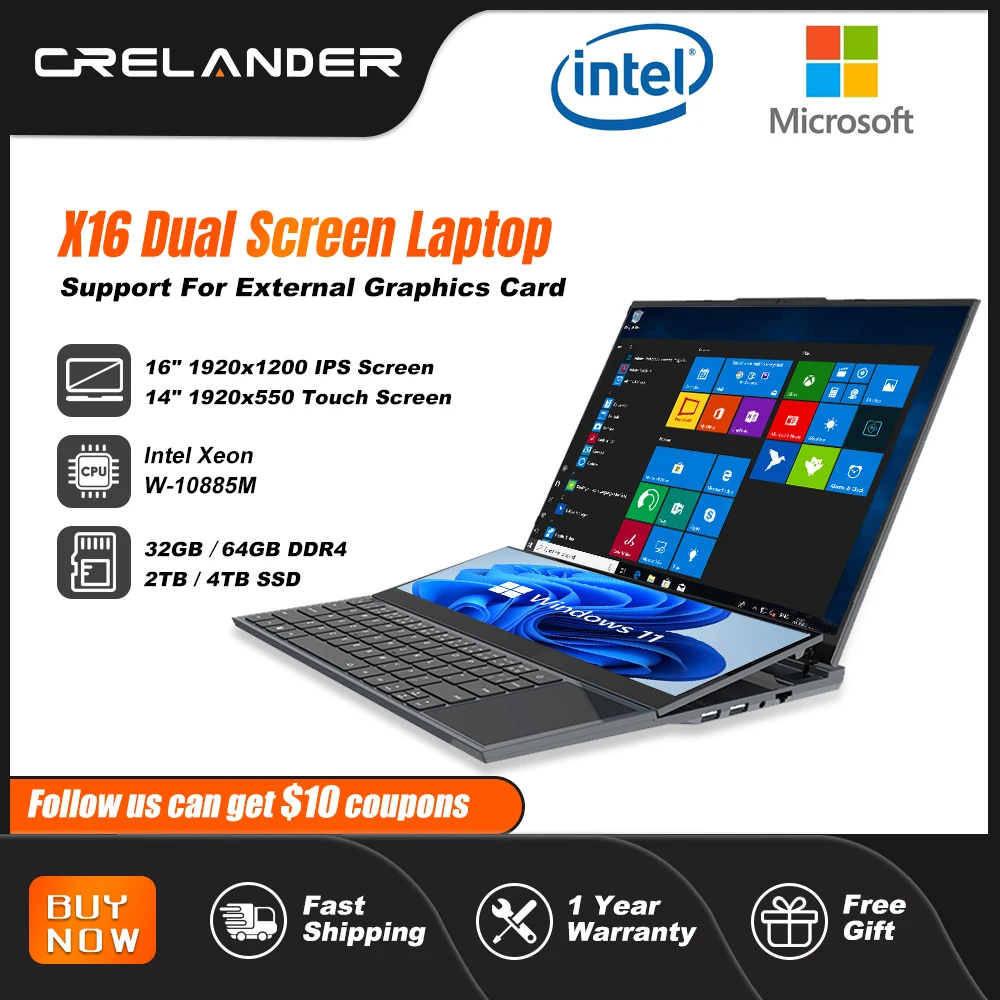 CRELANDER Dual Screen Laptop 16 pollici 2K LCD + 14 pollici Touch Screen Core i7 10750H 64GB RAM Zenbook Duo Laptop Gaming Notebook