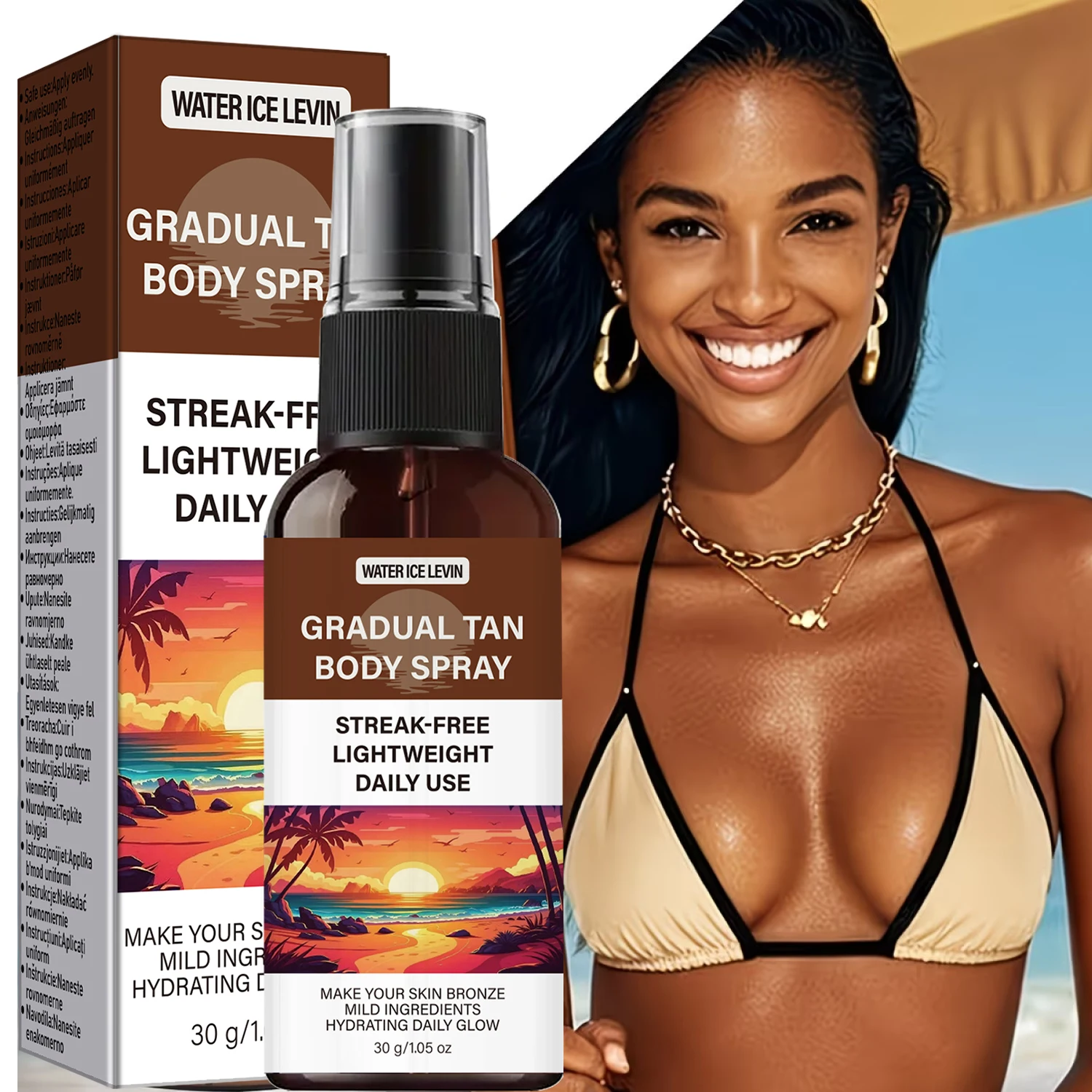 WATER ICE LEVIN Gradual Tan Body Spray Streak-Free Lightweight Hydrating with Collagen Hyaluronic Acid Niacinamide Daily Use 30g