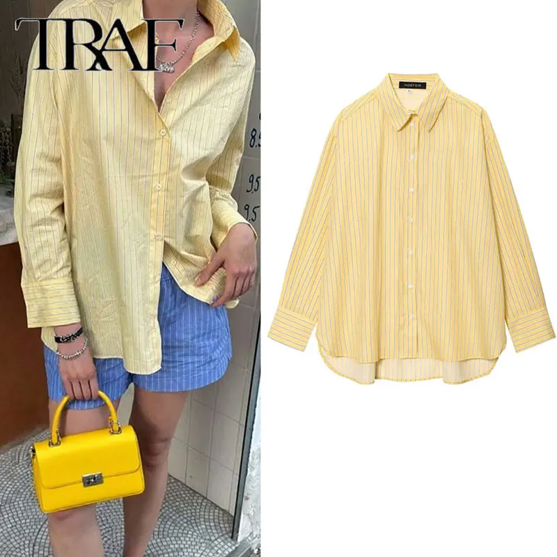 

TRAF 2025 Summer Butter Yellow Striped Women Loose Shirts Fashion Turndown Collar Single Breasted Thin Lady Shirts Woman Blouses