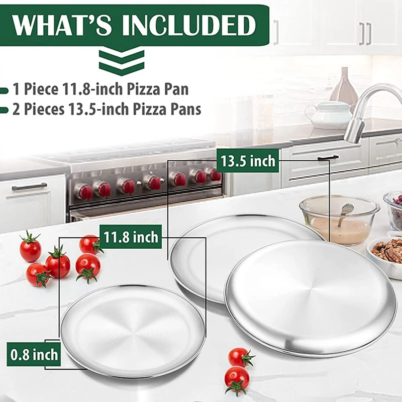 3 Pcs Baking Pizza Tray,12 Inch&13.5 Inch Stainless Steel Baking Pizza Tray Suitable For Biscuits,Pizza Cakes,Barbecue