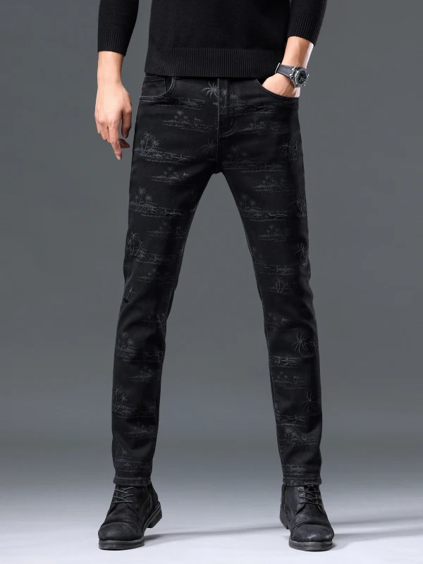 

Ele Embroidered Slim Fit Jeans Men's Autumn Winter High Print Bla Elastic Faion Long Pants Cotton Stretch Denim