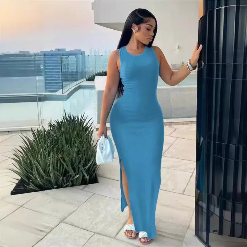 Abiti lunghi da donna sexy Abito estivo casual senza maniche con gilet Abito aderente da festa con spacco alto Abito tinta unita Femme