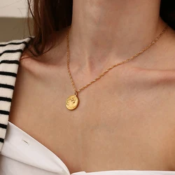 Free Golden Waves Embossed Coin Pendant Necklaces for Women 18K Plated Men's Chain Stainless Steel Choker Vintage Jewelry Female