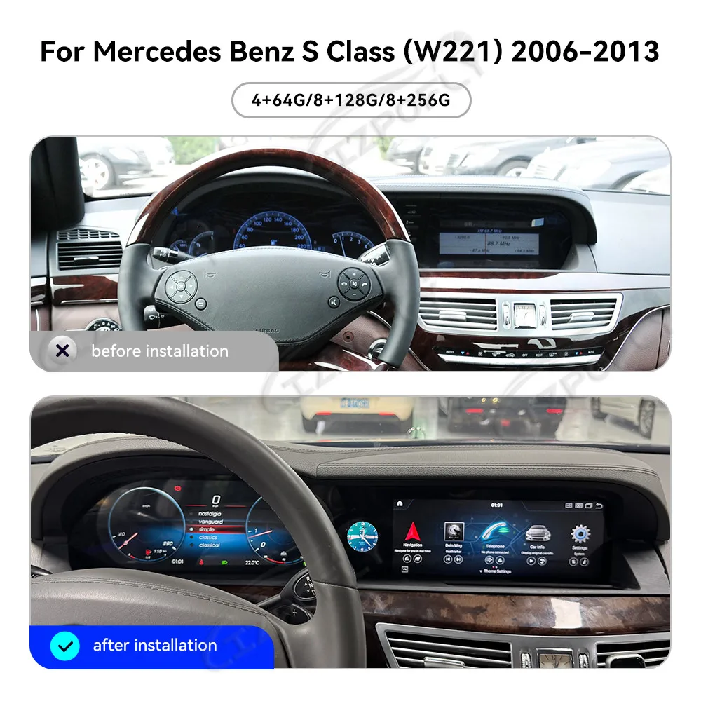 

Двойная 12,3-дюймовая беспроводная автомагнитола с CarPlay и Android Auto для Mercedes-Benz S-Class W221 (тройной экран) 2006–2013 с GPS и DSP