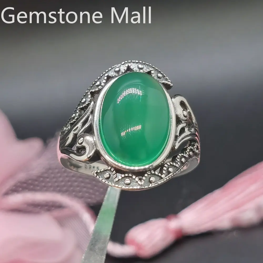 Vintage 925 Silver Gemstone Ring 10mm*14mm 6ct Natural Chalcedony Ring for Party Sterling Silver Green Chalcedony Jewelry