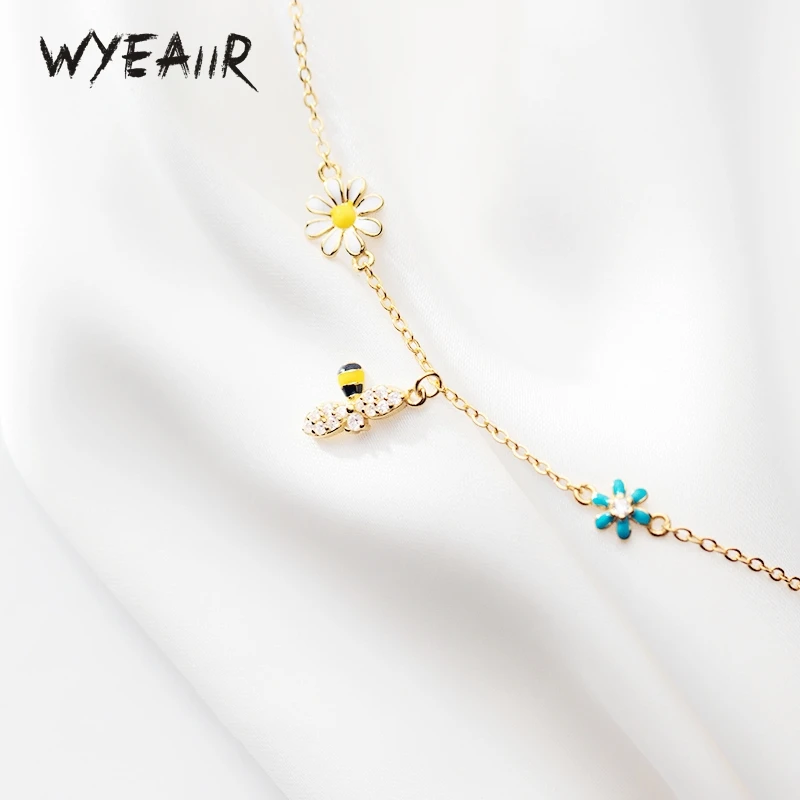 WYEAIIR 925 Sterling Silver Cute Mini Bee Flowers Fine Jewelry Luxury Female Resizable Bracelet