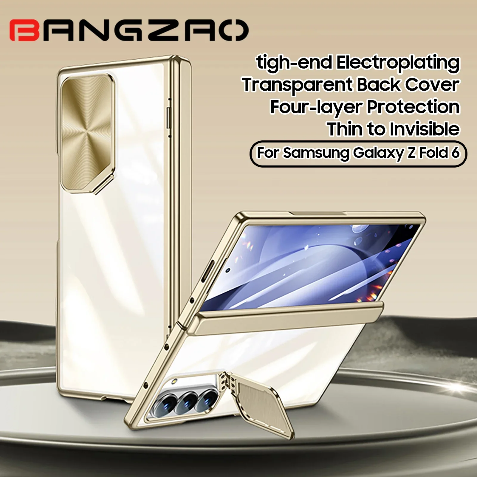 

for Samsung Galaxy Z Fold 6 Phone Case,with Camera Kickstand,Integrated HD Protective film,Hinge Protection Phone Case-Gold