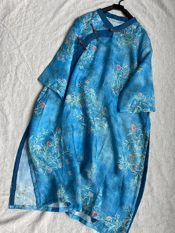 New Chinese Sle Retro Print Five-Quarter Sve irt Women's Summer National Sle Oblique Collar Buttoned Zen Tea Clothing