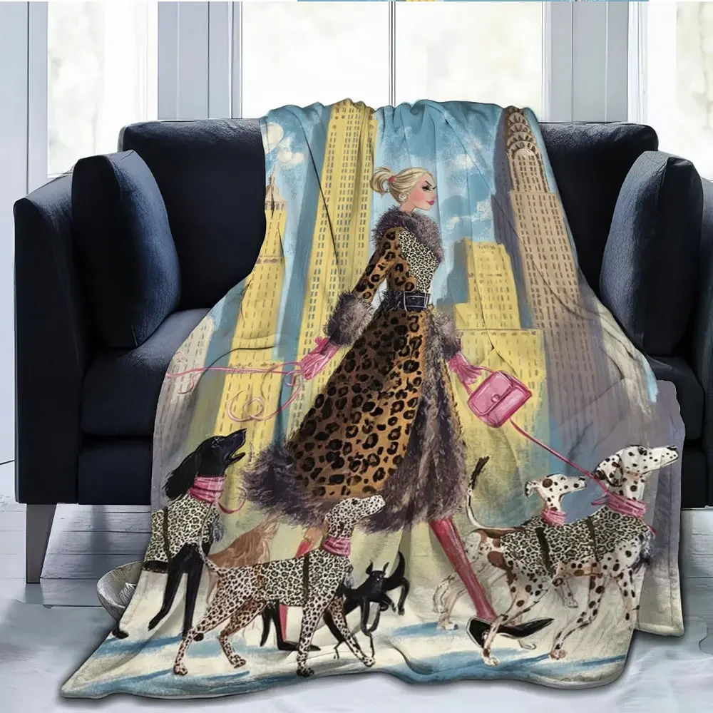 Fashionable Dog Walkers Flannel printed blanket suitable for all seasons suitable for living room office sofa and travel