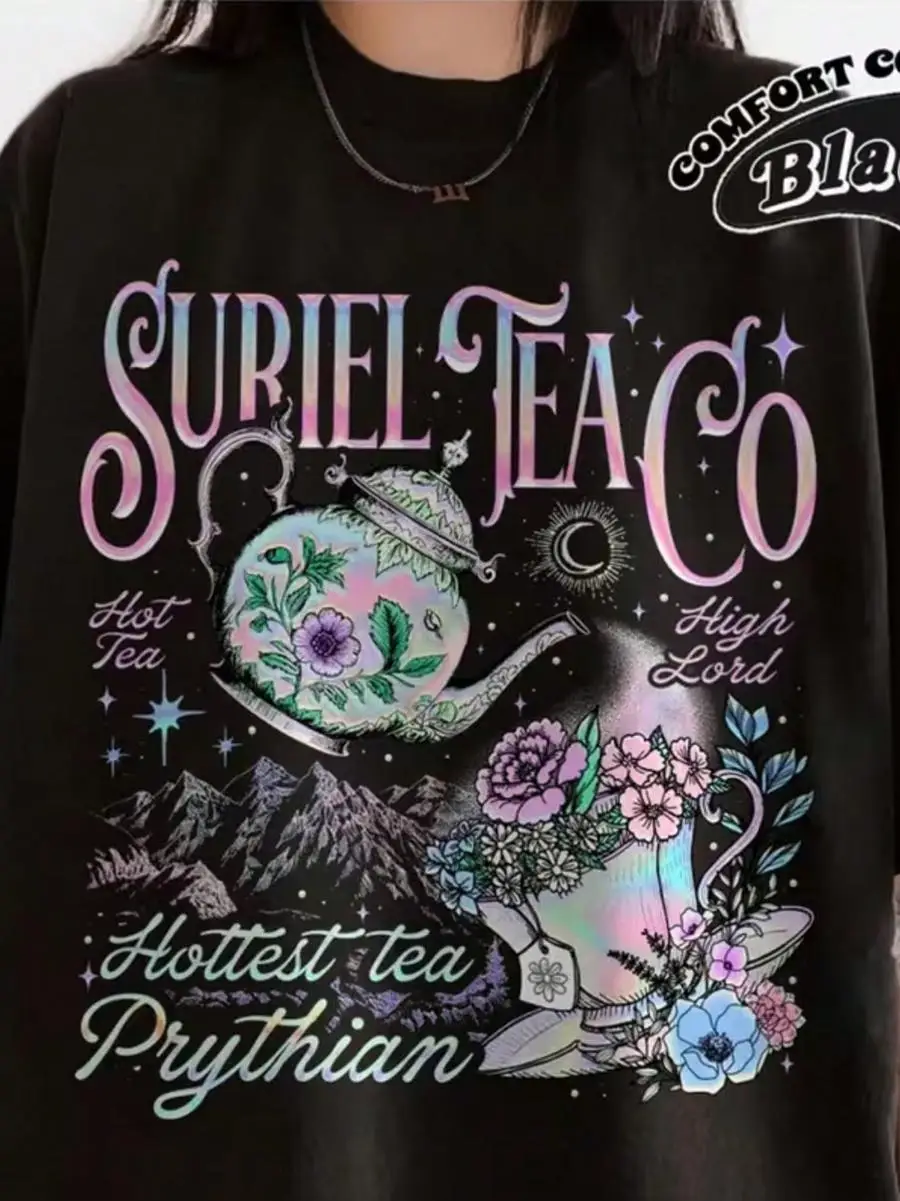 1pc Plus Size - Plus Size - Suriel Tea Co Shirt Fantasy Reader, Acotar, Bookish Gift, Book Lover, Casual Oversized Crew Neck With Geometric Patte