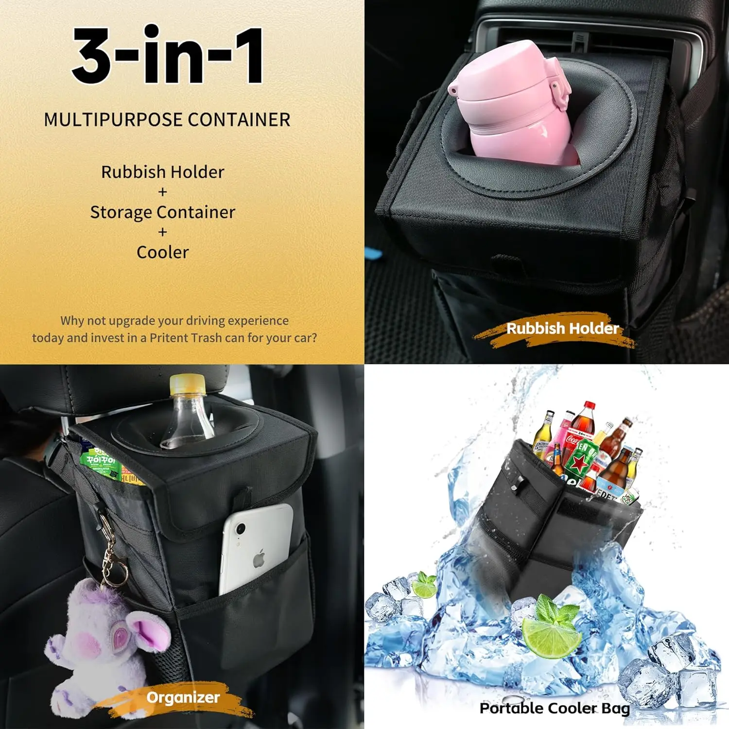 3-in-1 Car Trash Can with Lid & Waterproof Storage Bag - Leakproof Multi-Use Organizer for Cars, SUVs, Trucks (Front/Rear/Consol - view 6