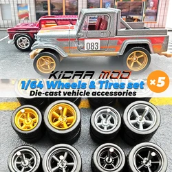 1/64 Front Small Rear Big Wheels with Detachable Rubber Tires Five Spokes for Model Cars Refiting Parts for Hotwheels (5 Sets)