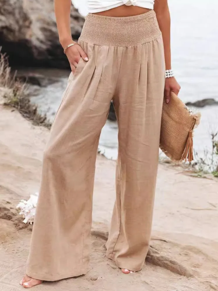 

Summer New Solid Color Long Pants For Women Casual Pocket Wide Leg Trousers Office Ladies Versatile Spring And Autumn