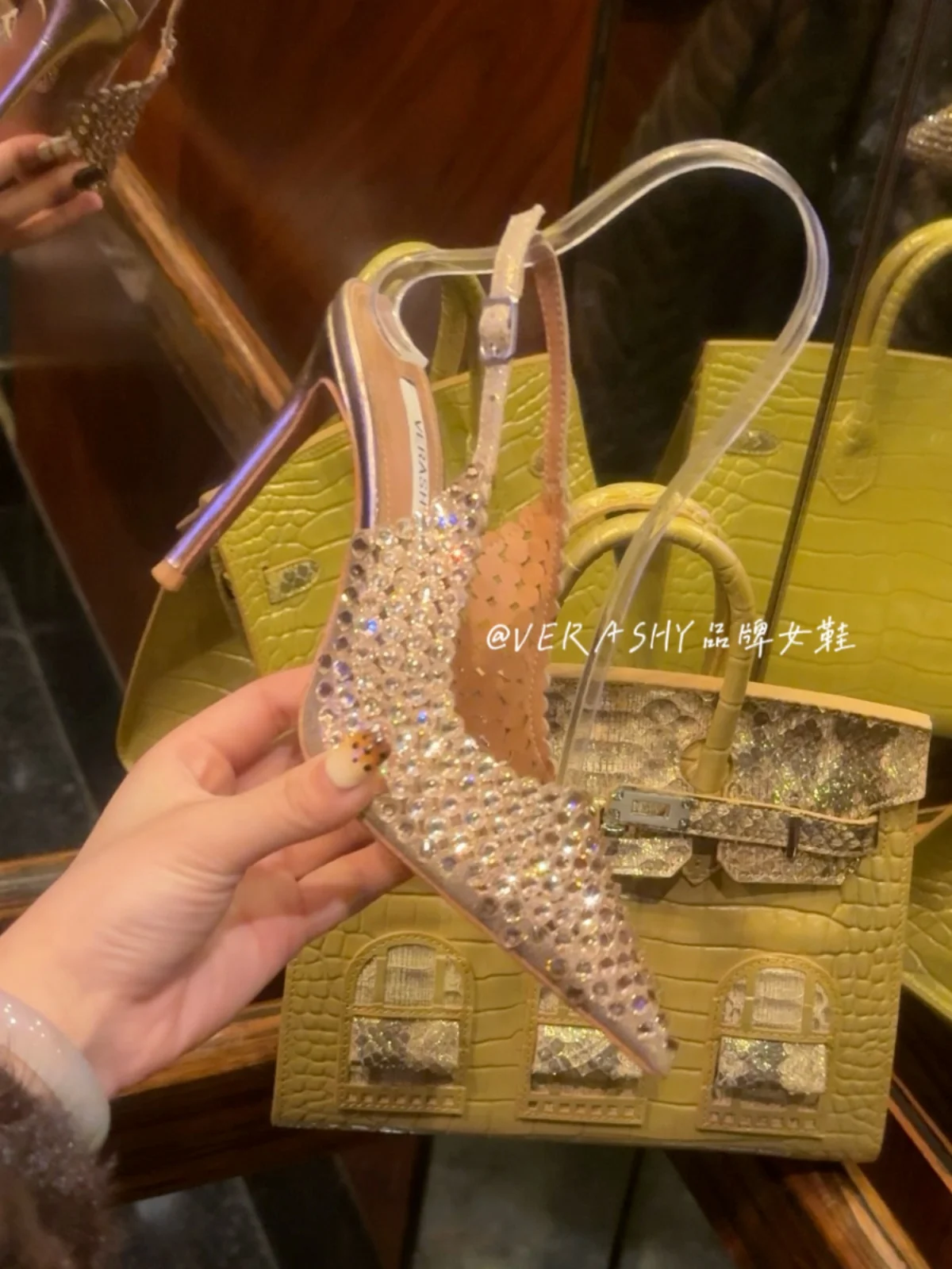 Water Diamond High Heels Women's 2024 Summer One line Buckle Back Strap Sexy Wedding Shoes Thin Heel Pointed Headed Sandals