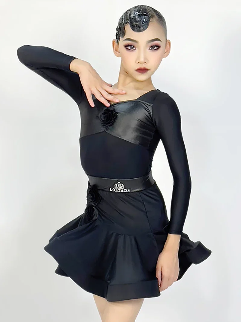 فستان رقص لاتيني للأطفال من لوليتا باللون الأسود للأطفال والبنات، تنانير علوية قياسية وطنية، زي قاعة الرقص، ملابس رقص لمرحلة الأداء