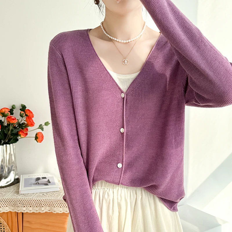 Spring Summer Layon Linen Ice Cardigan Sweater Women V Neck Solid Curl Up Sunscreen Female Long Sleeve Top Fashion Knit Cardigan