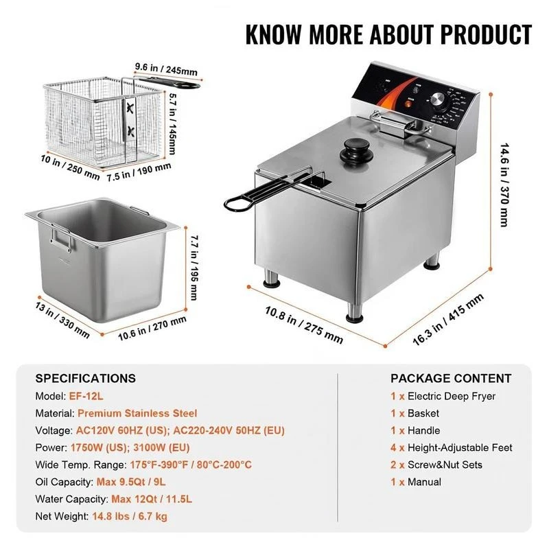 Tabletop Frying Machine 12Qt / 11.5L For Restaurant Home Kitchen Catering 1750W Single Basket Height-Adjustable Feet Temperature Control Overheat Protection Professional Culinary Equipment Food Preparation Tool Heavy Duty Construction 12.6 x 11 x 11. view 2