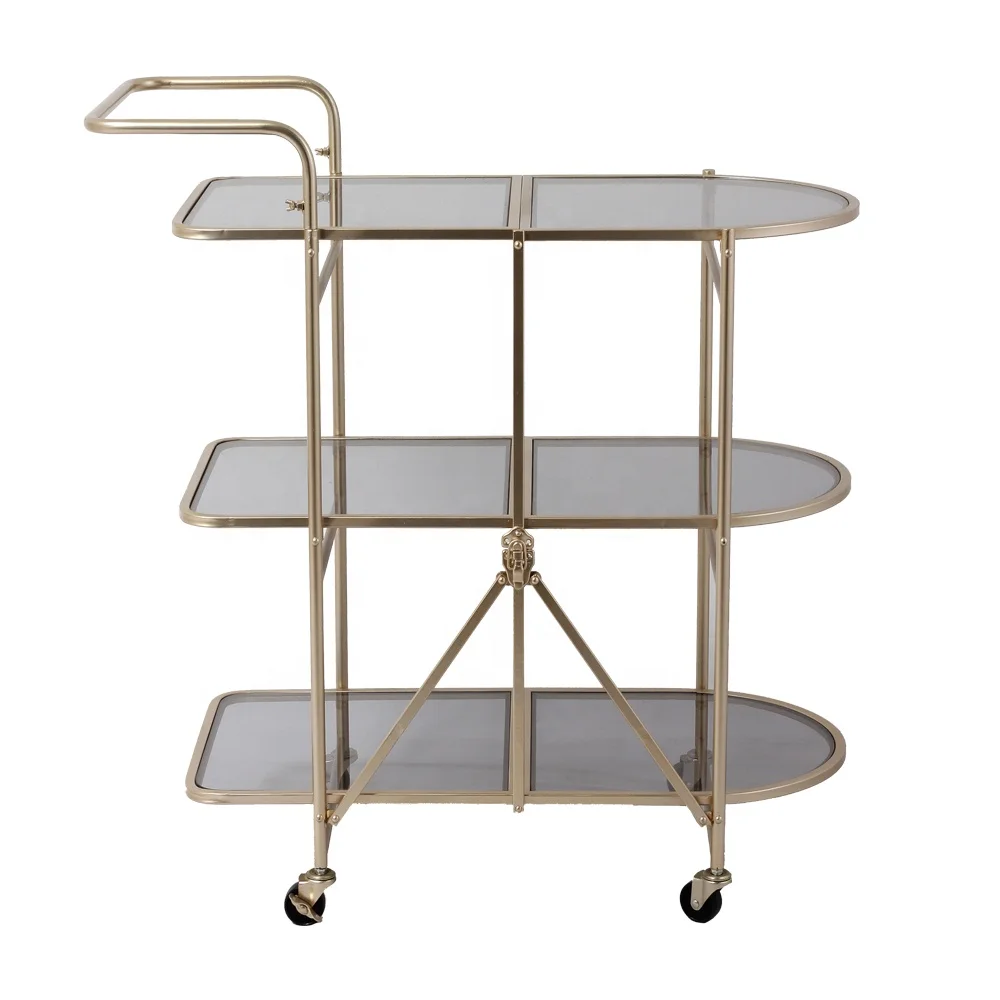 Modern Folding Bar Carts Rolling Gold Luxury Metal Drinks Foods Wine Trolley for Hotel Home Dining Room