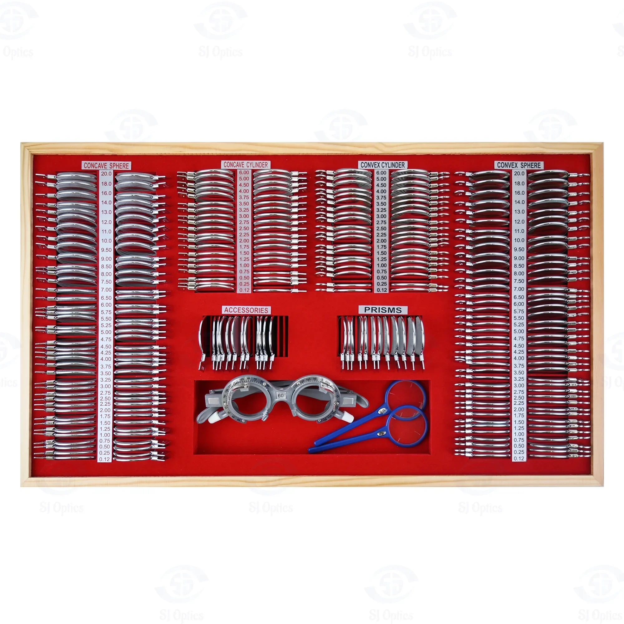 SJ Optics Portable Optometry Equipment Trial Lens Set Optical Instruments with 266 Glasses and Red Velvet Set of Trial Lenses